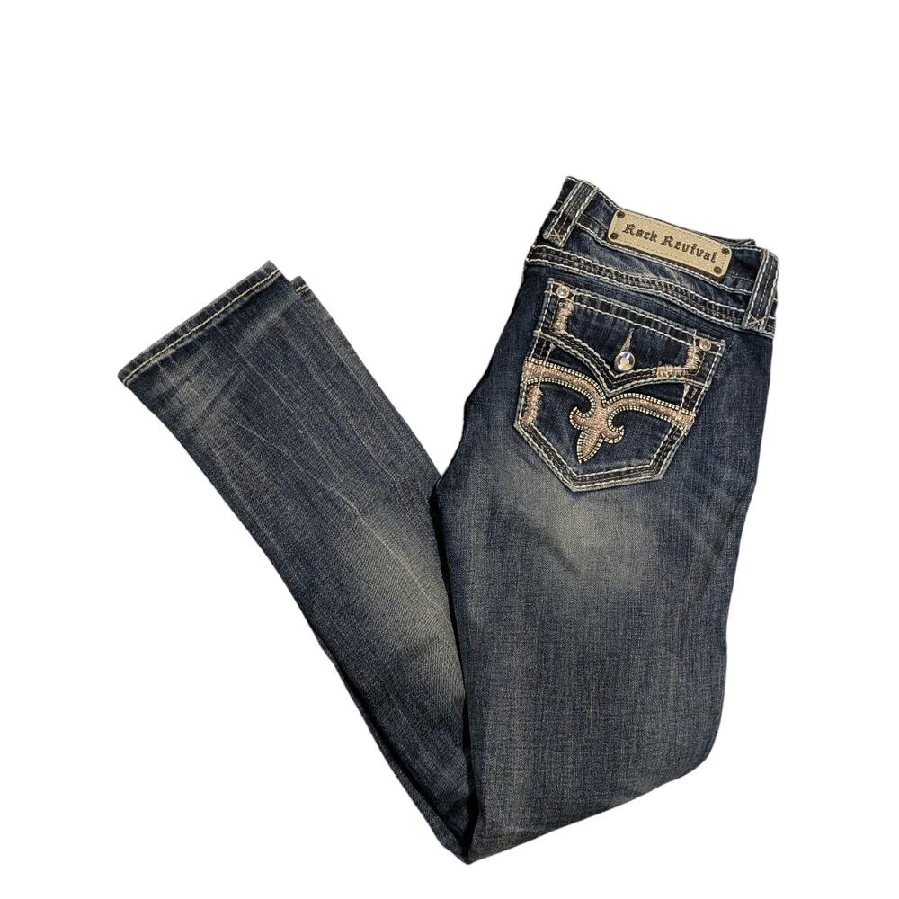 ROCK REVIVAL Shaina Jeans Mid Rise Skinny Women's 29 Rhinestone Studded Pockets
